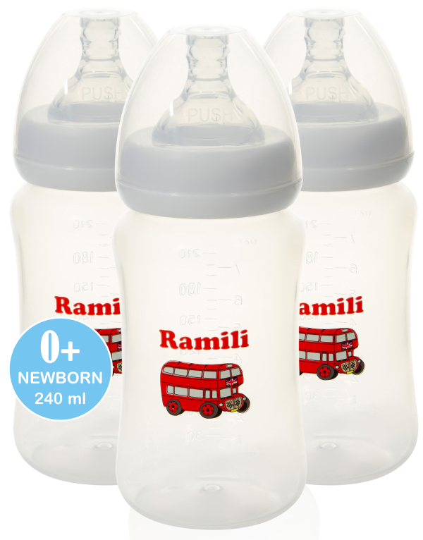 Купить Набор из 3-х противоколиковых бутылочек Ramili Baby 240MLX3 (240 мл. x3, 0+, слабый поток)